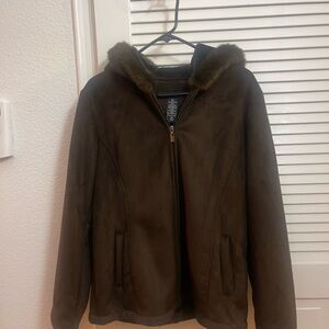 New York & Company Dark Brown Jacket with Faux Fur medium